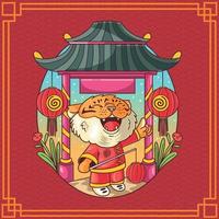 tigre fofo celebrando a véspera do ano novo chinês vetor