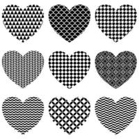 um conjunto de coração preto e branco em vários padrões dentro. vetor