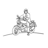 motociclista com seu vetor de ilustração de moto isolado na arte de linha de fundo branco.