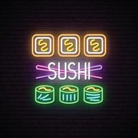 rolos de sushi com quadro indicador de néon de pauzinhos. vetor