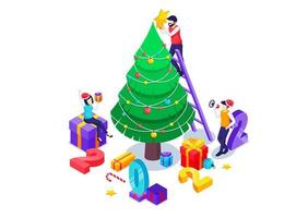 pessoas envolvidas na decoração de uma árvore de natal e os números 2022 se preparam para comemorar o ano novo e o feliz natal. ilustração vetorial isométrica vetor