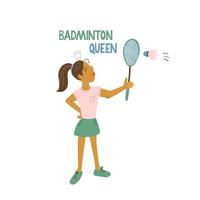 rainha do badminton. menina atleta batendo em uma peteca com os olhos fechados. letras e ilustração vetor