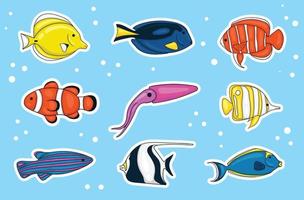 coleção colorida de adesivos de animais marinhos desenhados à mão vetor