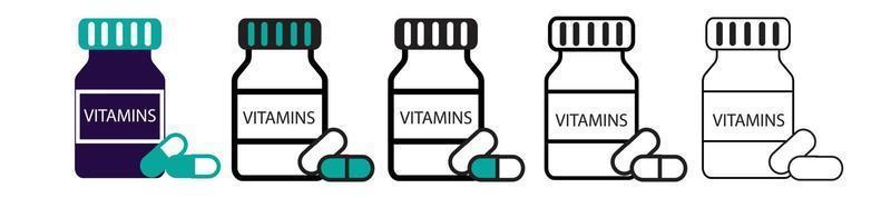 ícone de vitamina em estilo de linha fina, contorno e traço preenchido. a ilustração do vetor de dois designs de ícones coloridos e pretos do vetor da vitamina pode ser usada para dispositivos móveis, interface do usuário