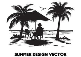 verão Projeto Palma árvore sentado em cadeira frente mesa e guarda-chuva homem de praia para impressão em exigem Preto negrito simples esboço livre Projeto vetor
