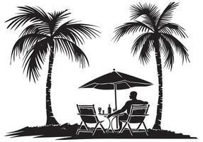 verão Projeto Palma árvore sentado em cadeira frente mesa e guarda-chuva homem de praia para impressão em exigem Preto negrito simples esboço em branco fundo livre Projeto vetor