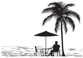 verão Projeto Palma árvore sentado em cadeira frente mesa e guarda-chuva homem livre Projeto vetor