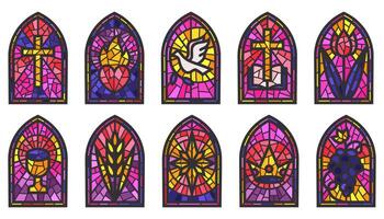 Igreja vidro janelas. manchado mosaico católico quadros com cruzar, livro e religioso símbolos. conjunto isolado em branco fundo vetor
