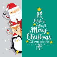 papai noel cervo texto pinguim feliz natal e feliz ano novo - lado verde vetor