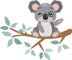 engraçado coala em ramo do árvore com verde folhas vetor