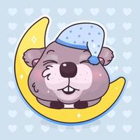 personagem de desenho animado bonito castor kawaii. adorável e engraçado animal dormindo, sonhando com adesivo isolado de lua, patch. hora de dormir, hora da noite. Emoji anime bebê menino castor em fundo azul vetor