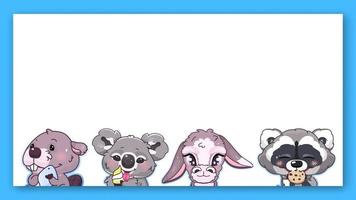 quadros de vetor de personagens kawaii de animais fofos. anime baby coala, burro, guaxinim comendo biscoito, castor emoji isolado borda quadrada com espaço de texto. ilustração de livro infantil, elemento de design de cartaz