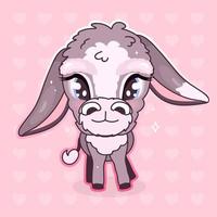 personagem de desenho animado bonito burro kawaii. adorável e engraçado etiqueta isolada animal legal, patch, ilustração de menina. Mula triste de menina de anime, emoji de burro em fundo rosa vetor