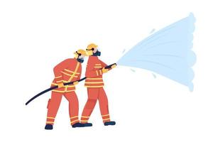 bombeiros com personagens de vetor de cor semi plana de mangueira de água. pessoas de corpo inteiro em branco. suprimindo incêndios florestais isolados ilustração de estilo de desenho animado moderno para design gráfico e animação