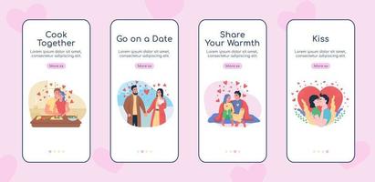 modelo de vetor plana de tela de aplicativo móvel de namoro onboarding. atividades de casal. passo a passo do site 4 etapas com personagens. ux criativo, ui, interface de desenho animado de smartphone gui, conjunto de estampas de caixa