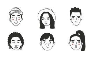conjunto do diferente povos rostos, humano avatares coleção. diferente emoções, retrato com uma positivo facial expressão. desenhado à mão ilustração dentro rabisco estilo. vetor