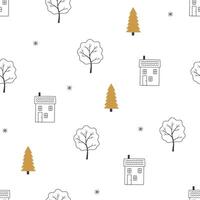 desatado padronizar com árvores e casas, contorno. recorrente fundo para inverno e Natal projeto, desenhado à mão ilustração dentro rabisco estilo. vetor