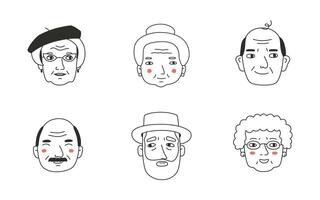 conjunto com a rostos do a idoso. avatares do avós com diferente emoções. desenhado à mão ilustração dentro rabisco estilo. vetor