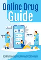 modelo de vetor plano cartaz centro on-line de drogas. encomendar comprimidos pela Internet. brochura, projeto de conceito de uma página de livreto com personagens de desenhos animados. aplicativo móvel para panfleto de saúde, folheto
