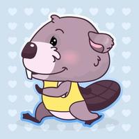 personagem de desenho animado bonito castor kawaii. animal adorável, feliz e engraçado correndo, fazendo esportes adesivo isolado, patch. anime bebê menino castor em emoji de roupas esportivas em fundo azul vetor