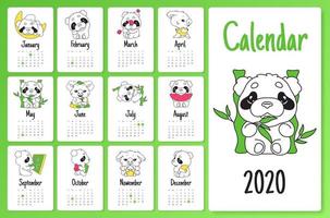 modelo de design de calendário de preguiça fofa e panda 2020 com personagens de desenhos animados kawaii. poster de parede, pacote de layout de páginas criativas do calendário. maquete de planejador de mês infantil e juvenil com animais vetor de doodle