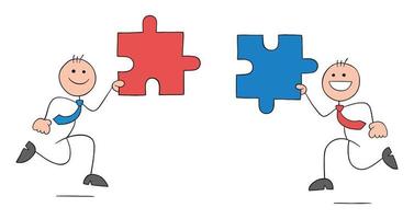 trabalho em equipe, dois empresários stickmen carregando duas peças do puzzle em direção ao outro para se conectar, ilustração em vetor desenho contorno desenhado à mão.