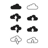 nuvem de coleção com linha de seta e conjunto de ícones preenchido. upload e download de símbolos de vetor de seta em nuvem. nuvens com setas para cima e para baixo