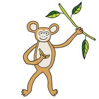 fofo doodle macaco feliz com banana e cipó, isolado no fundo branco. animal tropical dos desenhos animados. vetor