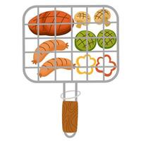 churrasco grelhar cesta com lidar. metal churrasco dispositivo com comida, salsichas, legumes e cogumelos. churrasco equipamento com salsichas. plano ilustração isolado em branco fundo vetor