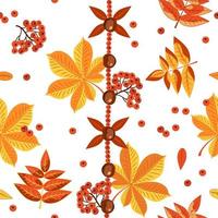 Outono padrão sem emenda colorido em um fundo branco. folhagem amarela e vermelha de outono de árvores, castanhas, bagas de sorveira. vetor