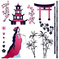 menina asiática, pagode, portão, flores de sakura, hastes de bambu em um fundo branco. conjunto de elementos de vetor de design isolado do fundo.