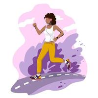 garota de pele escura corre ao longo da estrada usando fones de ouvido e uma pulseira de fitness. ilustração de praticar esportes na natureza e um estilo de vida saudável. vetor