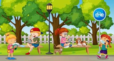 cena do parque com crianças usando dispositivos de tecnologia vetor