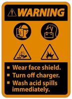 sinal de alerta, use protetor facial, desligue o carregador, lave derramamentos de ácido imediatamente