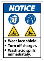 sinal de alerta, use protetor facial, desligue o carregador, lave derramamentos de ácido imediatamente