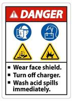 sinal de alerta, use protetor facial, desligue o carregador, lave derramamentos de ácido imediatamente vetor