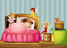 Uma jovem garota dormindo com fadas dentro de seu quarto vetor