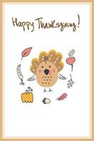 cartão postal de ação de Graças com a Turquia, abóbora, vegetais e folhas de outono. vetor