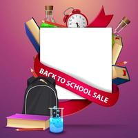 venda de volta às aulas, modelo de banner da web com mochila escolar, um livro e um frasco químico vetor