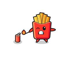 Ilustração do mascote das batatas fritas jogando fogo de artifício vetor