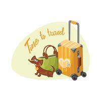 viajando cachorro isolado. uma sorridente dachshund vai em uma jornada. ilustração dentro cor desenho animado estilo vetor