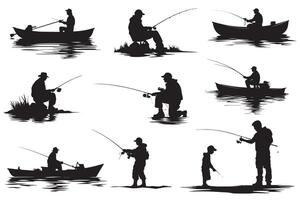 pescador dentro barco silhueta ilustração vetor