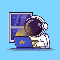 fofa astronauta trabalhando em computador portátil dentro espaço desenho animado vetor