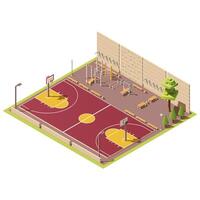 3d isométrico campo para basquetebol jogos perto exercite-se área com escalada muro. ao ar livre esporte arena com urbano basquetebol quadra e Treinamento lugar. isometria isolado em branco fundo. vetor