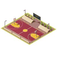 3d isométrico estádio com campo para rua basquetebol jogos, tribuna, cerca, placar, cesta e aro. esvaziar esporte arena com urbano basquetebol tribunal. isometria isolado em branco fundo. vetor