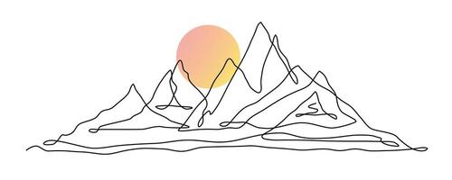 minimalista nascer do sol sobre linha arte montanhas vetor