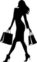 exclusivo compras e inigualável estilo luxuoso mundo do moda, beleza, e prazer, ilustrado com uma mulher silhueta vetor