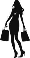 exclusivo compras e inigualável estilo luxuoso mundo do moda, beleza, e prazer, ilustrado com uma mulher silhueta vetor