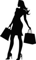 exclusivo compras e inigualável estilo luxuoso mundo do moda, beleza, e prazer, ilustrado com uma mulher silhueta vetor