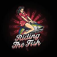 uma mulher equitação uma peixe vintage estilo ilustração para camiseta vetor